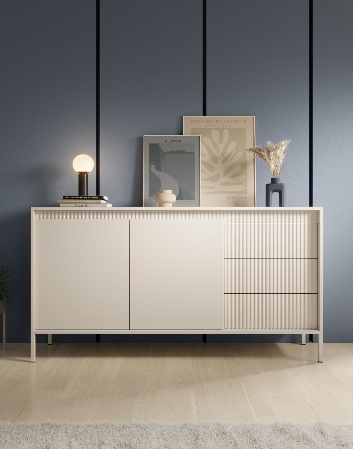 beżowa komoda do salonu z szafkami i szufladami senso b