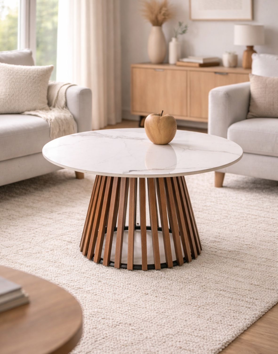 stolik kawowy okrągły orzechowy carina, marmur