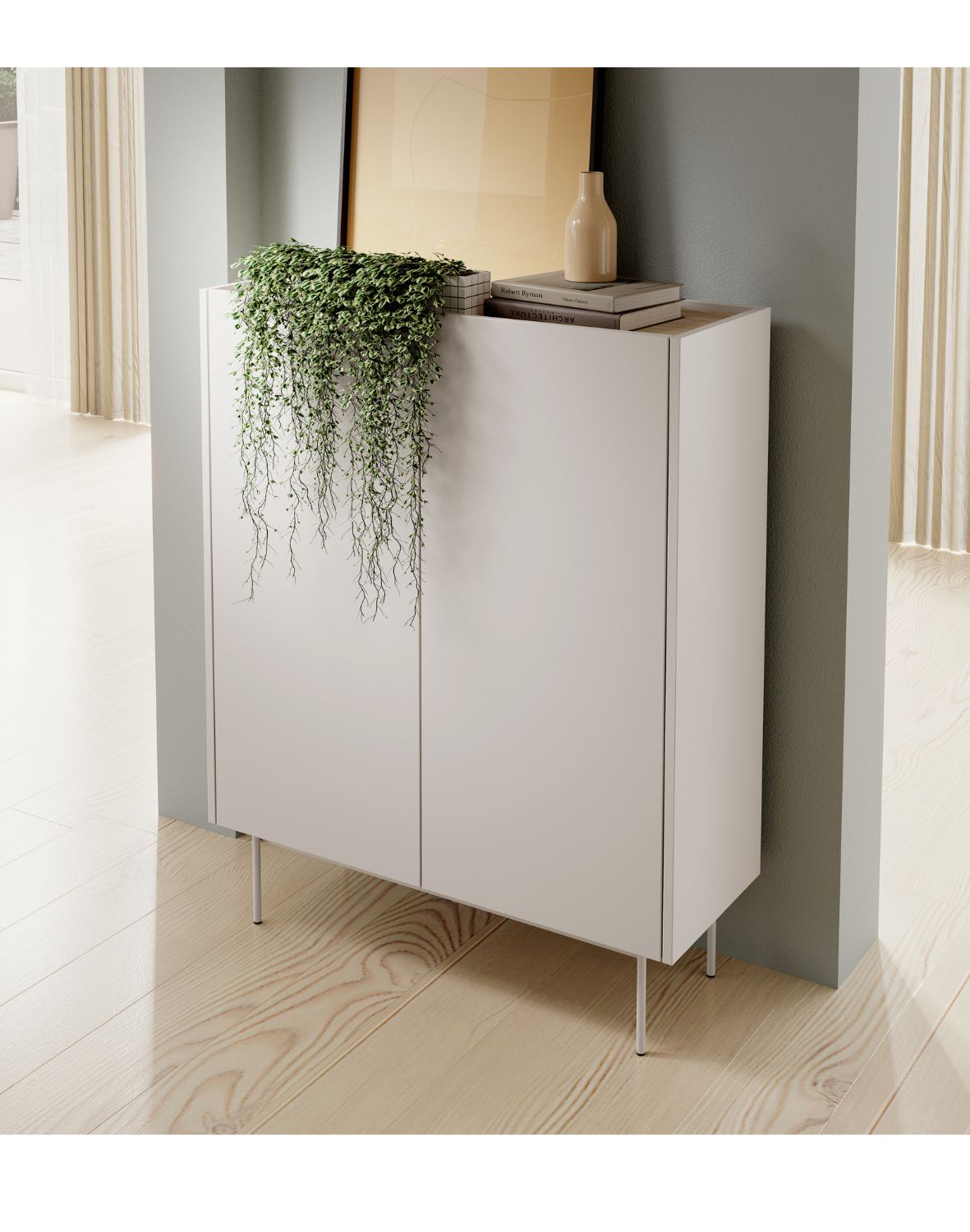 wysoka komoda color kd-97 kaszmirowa/dąb linea