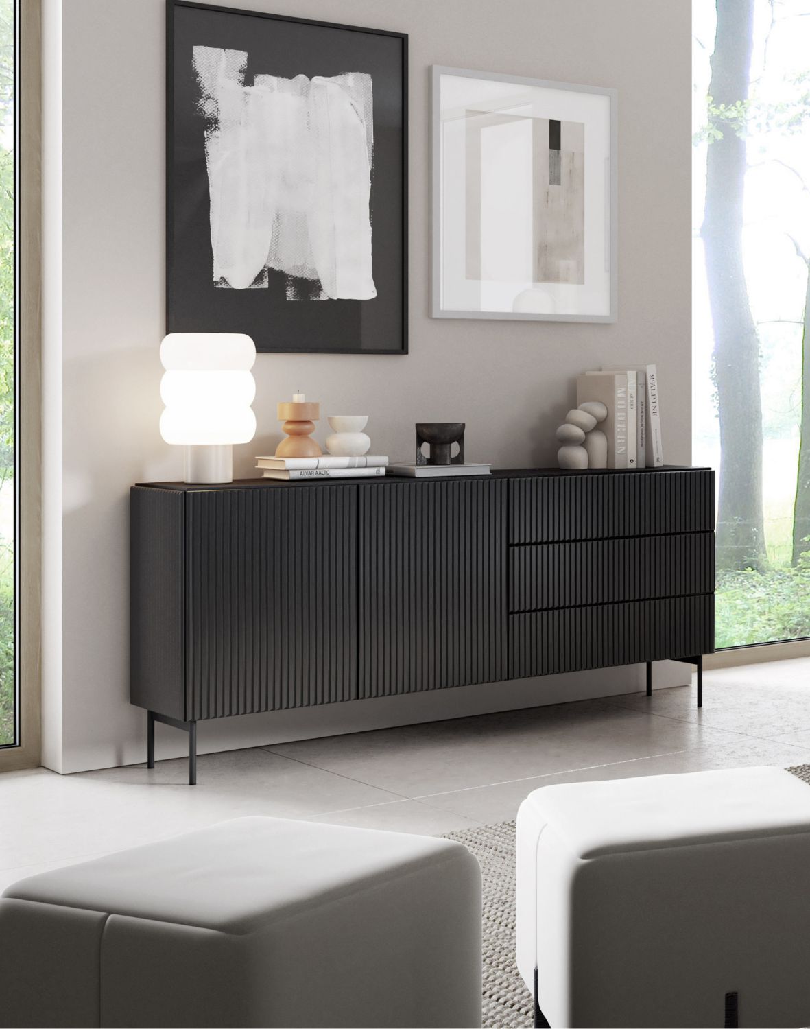 czarna komoda ryflowana z szufladami muti c