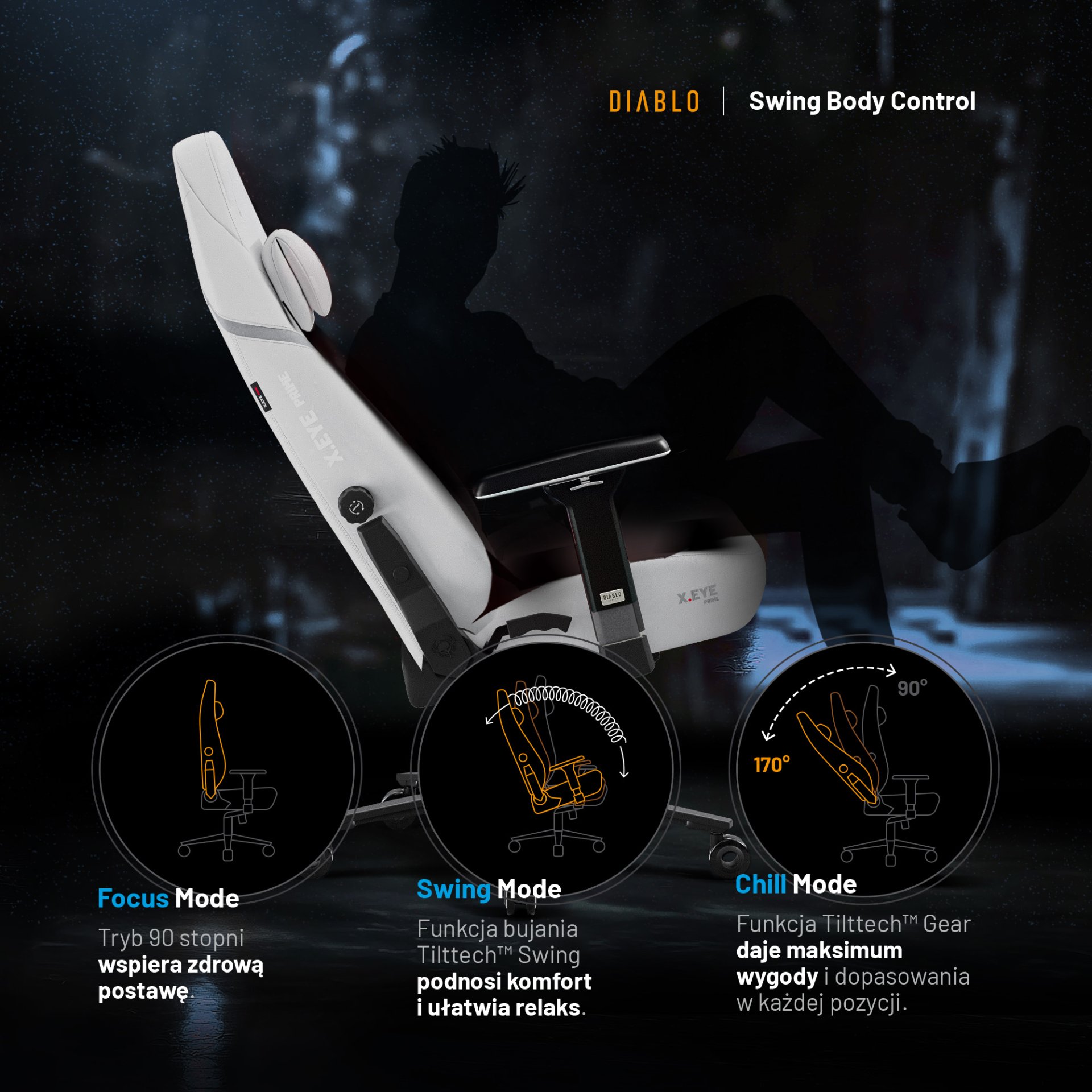 Fotel gamingowy biały z magnetycznym zagłówkiem Normal Size: Diablo X-Eye Prime Ghosted White 10