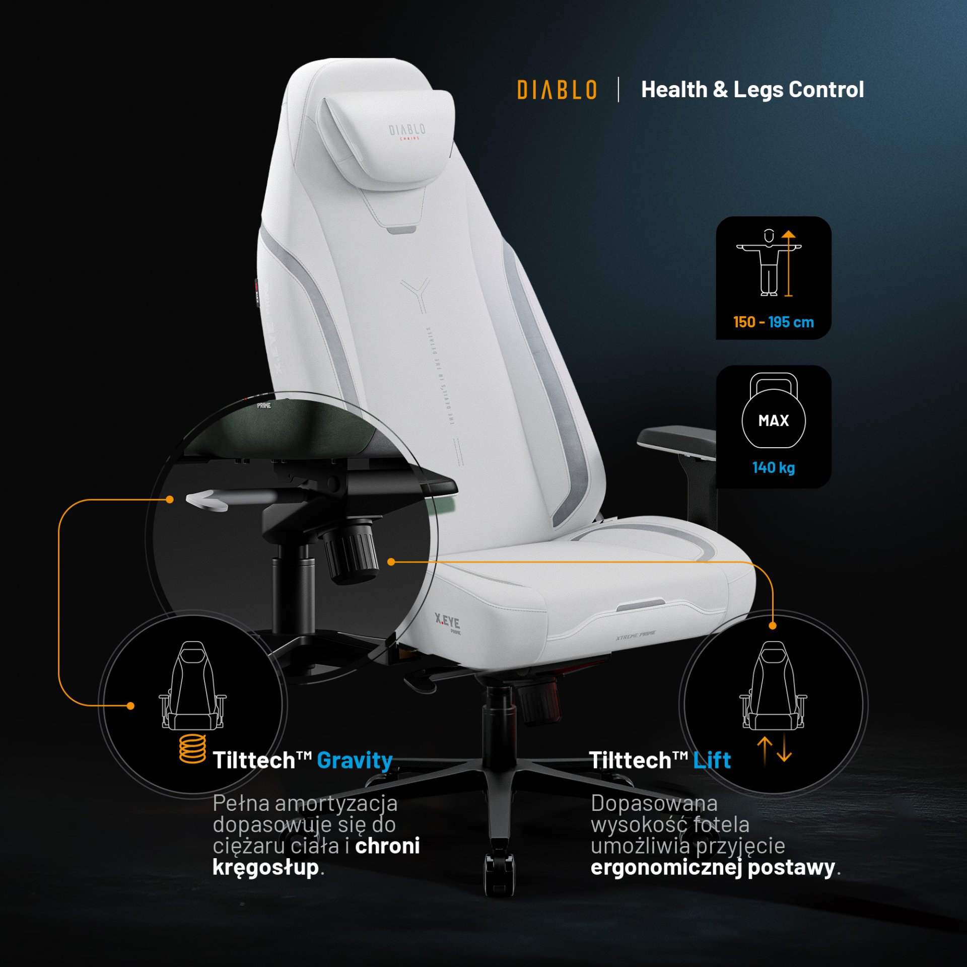 Fotel gamingowy biały z magnetycznym zagłówkiem Normal Size: Diablo X-Eye Prime Ghosted White 8