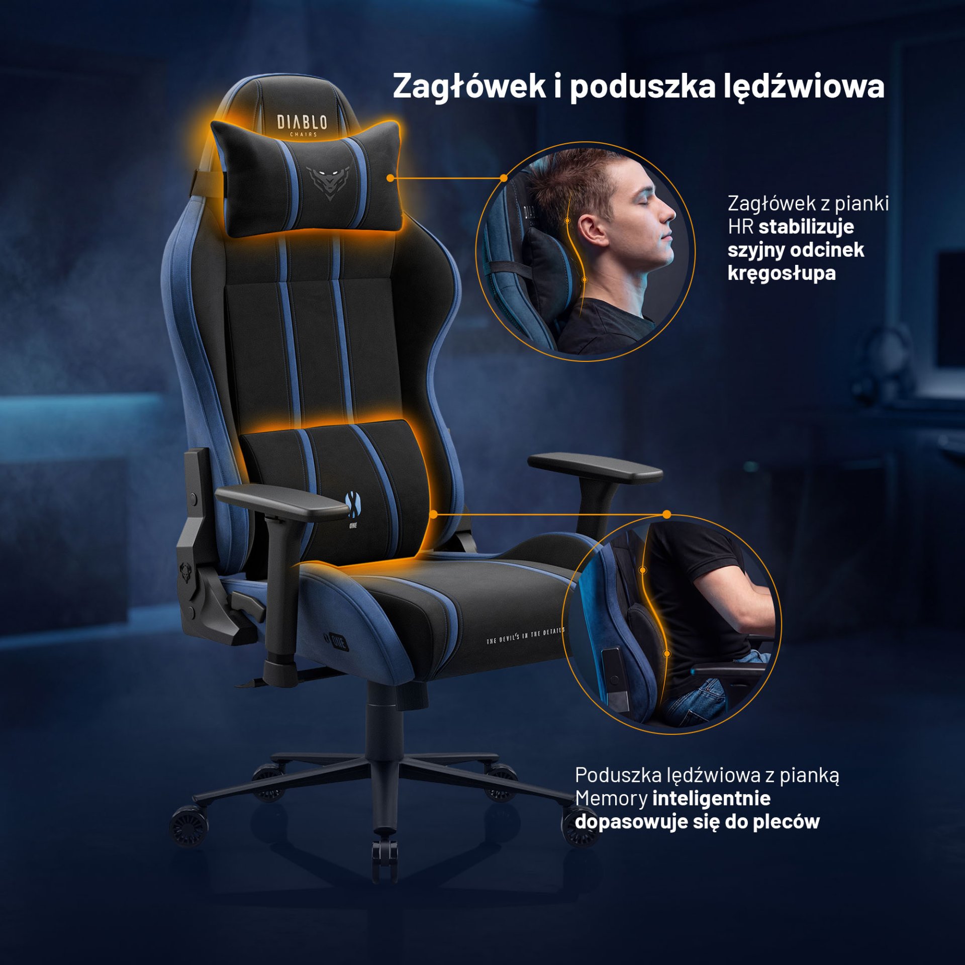 Fotel gamingowy materiałowy King Size, czarno-niebieski: Diablo X-One 2.0 Night Blue 8