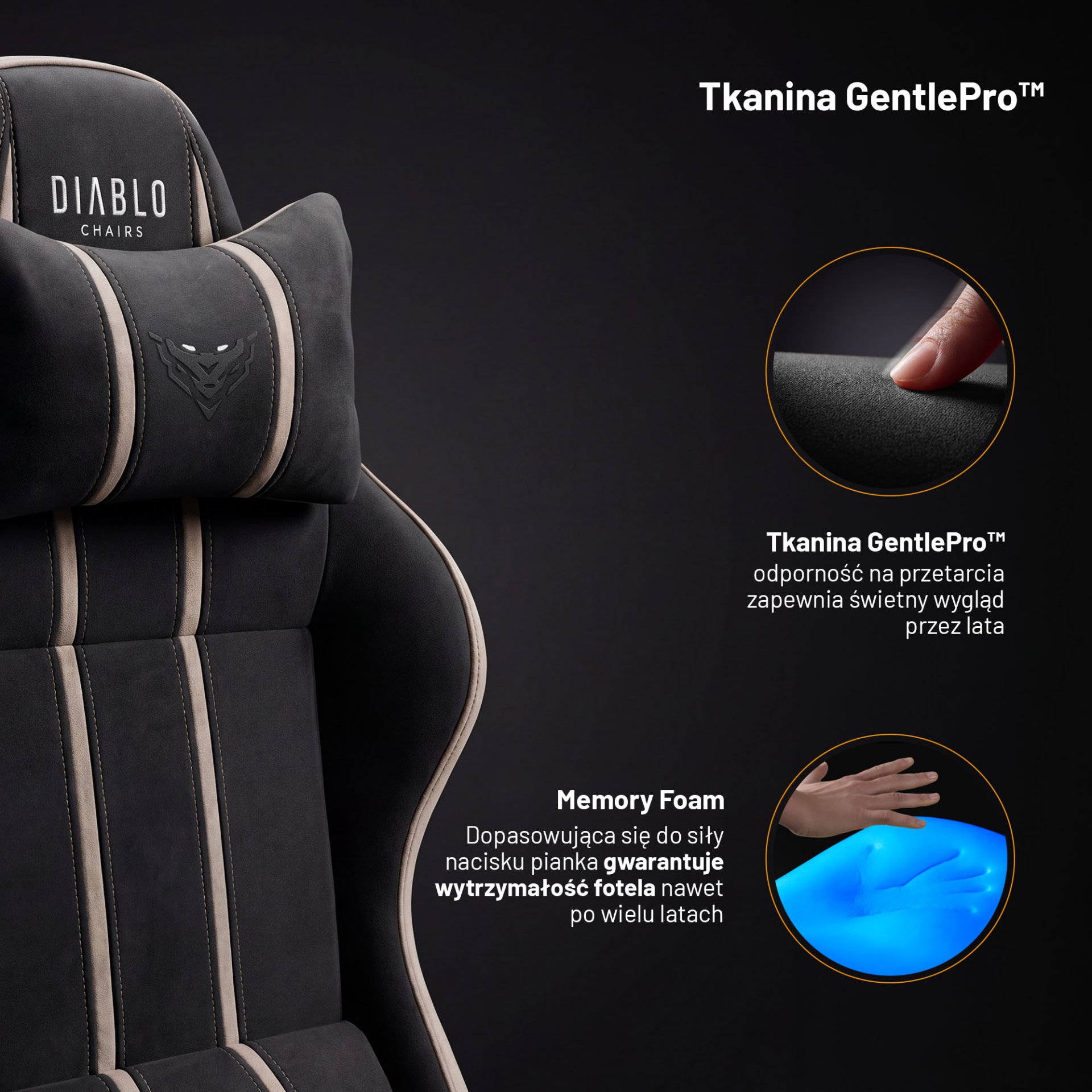 Fotel gamingowy materiałowy Normal Size, czarno-beżowy: Diablo X-One 2.0 Camel Black 3