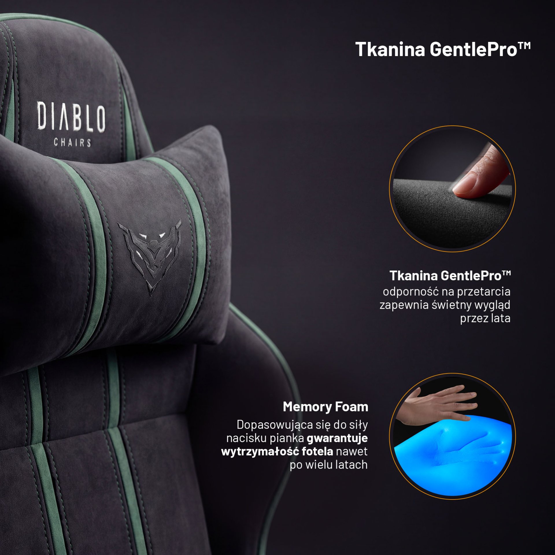 Fotel gamingowy materiałowy Normal Size, czarno-zielony: Diablo X-One 2.0 Forest Green 3