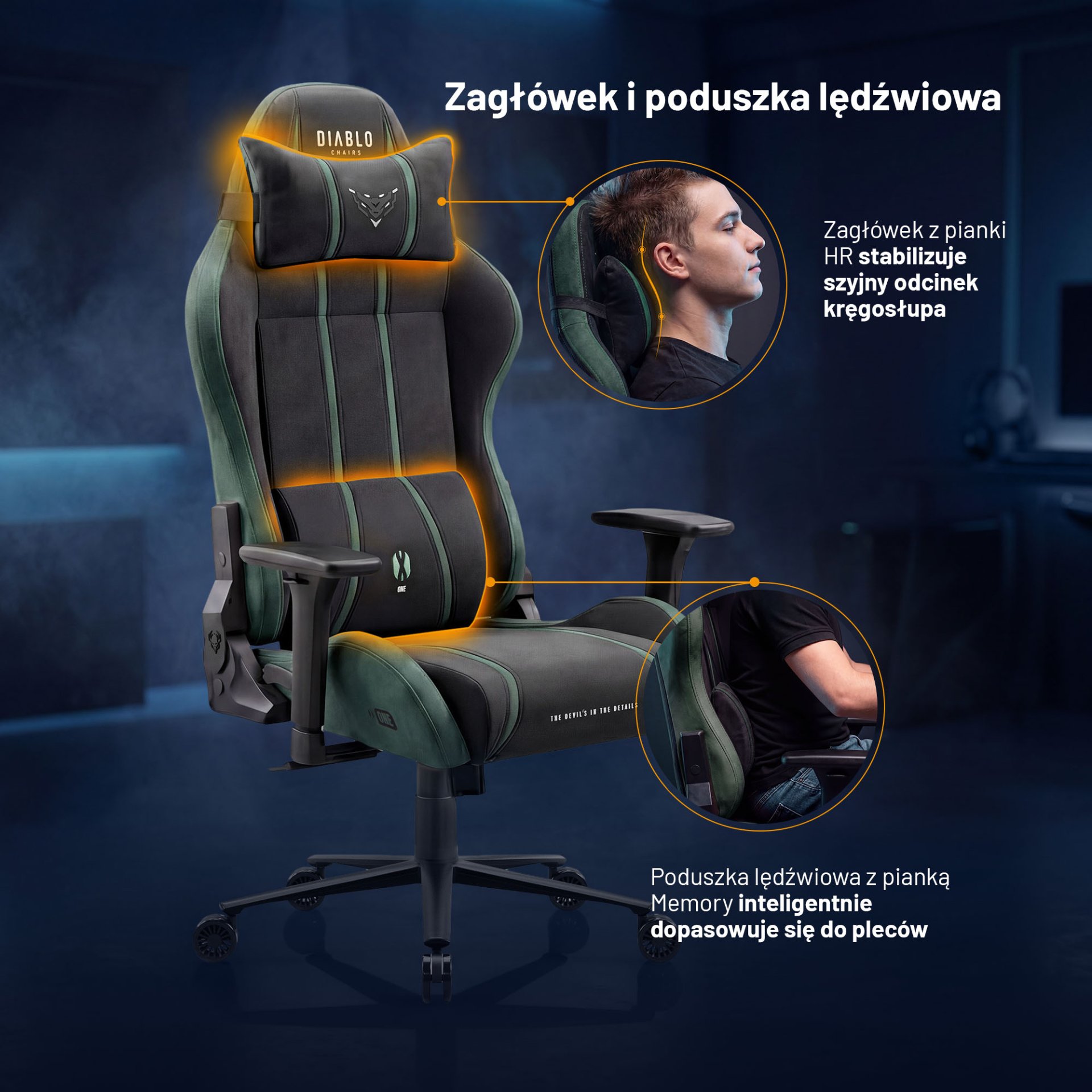 Fotel gamingowy materiałowy Normal Size, czarno-zielony: Diablo X-One 2.0 Forest Green 7