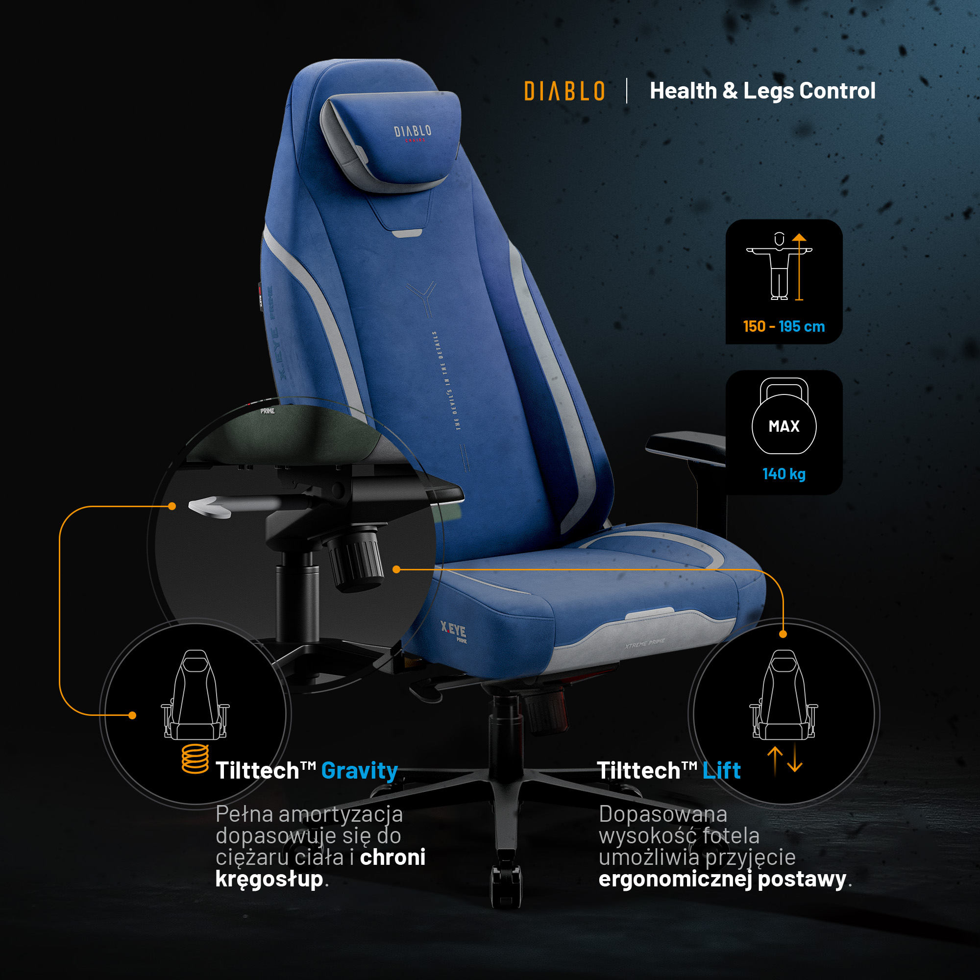 Fotel gamingowy niebieski z magnetycznym zagłówkiem Normal Size: Diablo X-Eye Prime Meta Ocean 10