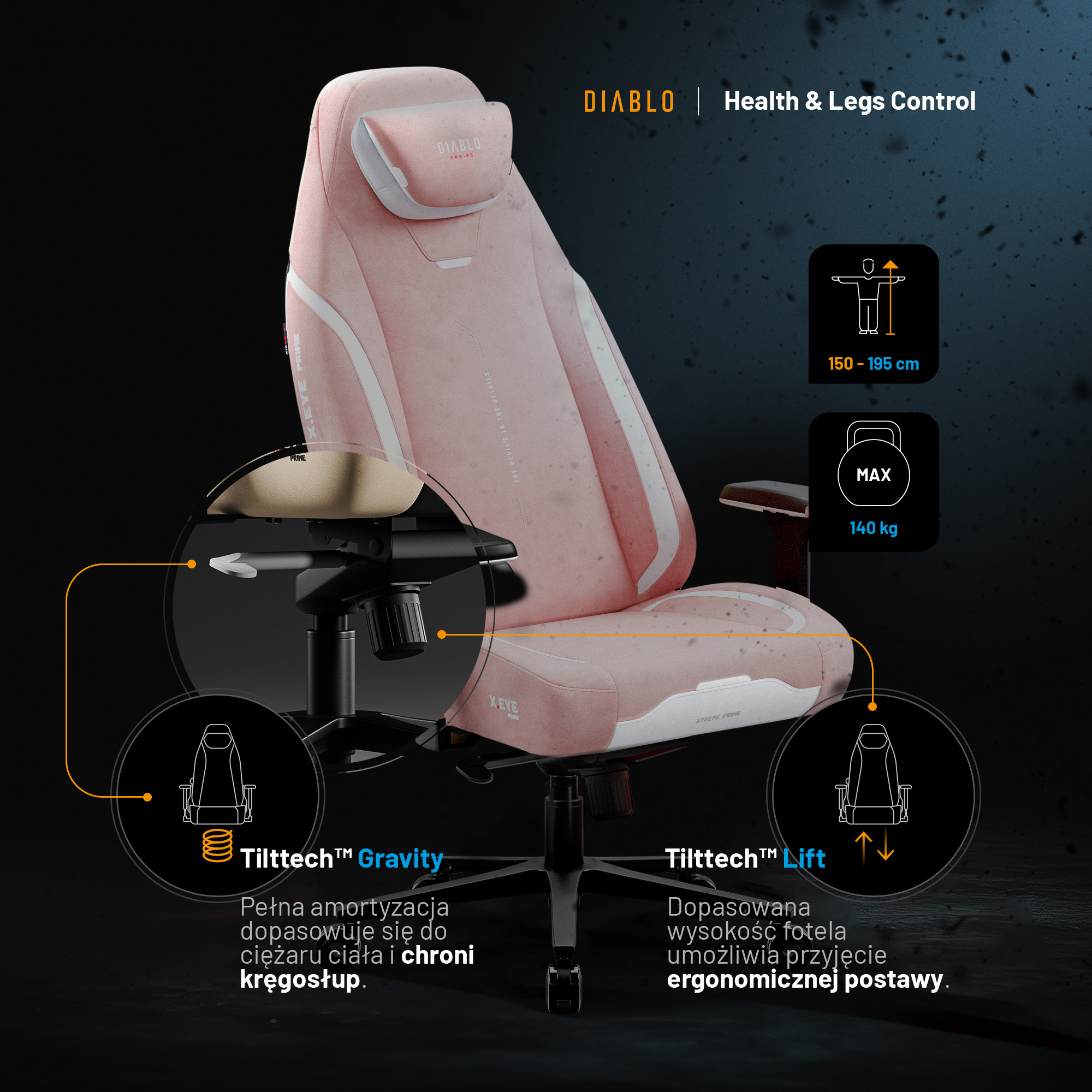 Fotel gamingowy różowy z magnetycznym zagłówkiem Normal Size: Diablo X-Eye Prime Akira Pink 11