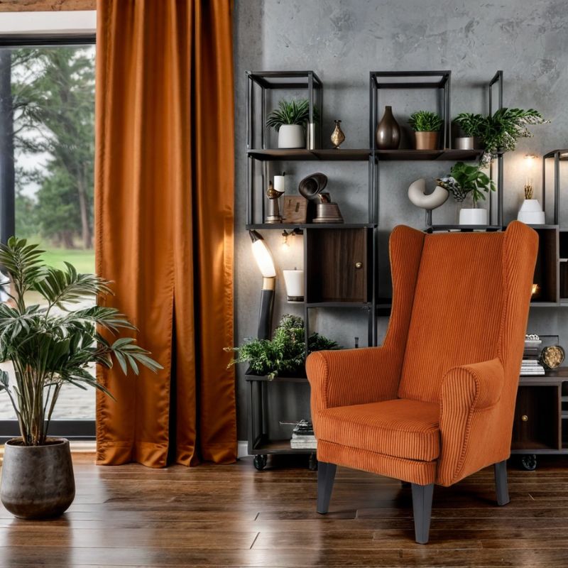 fotel uszak sztruksowy pomarańczowy do salonu