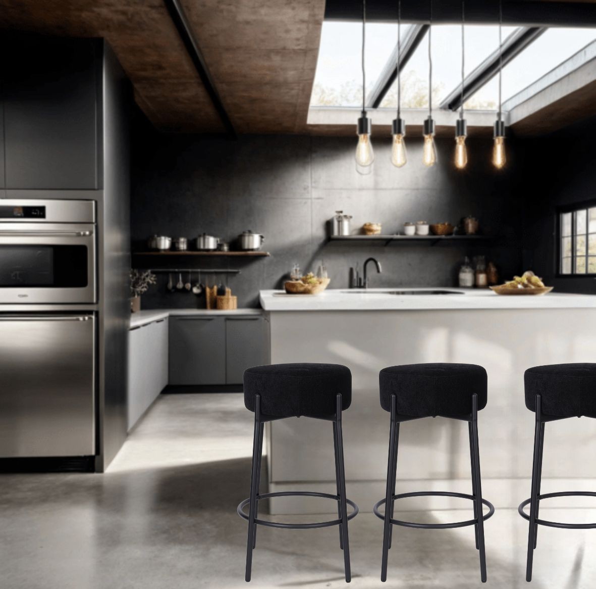 okrągły hoker do kuchni z podnóżkiem holly, tapicerowany, czarny