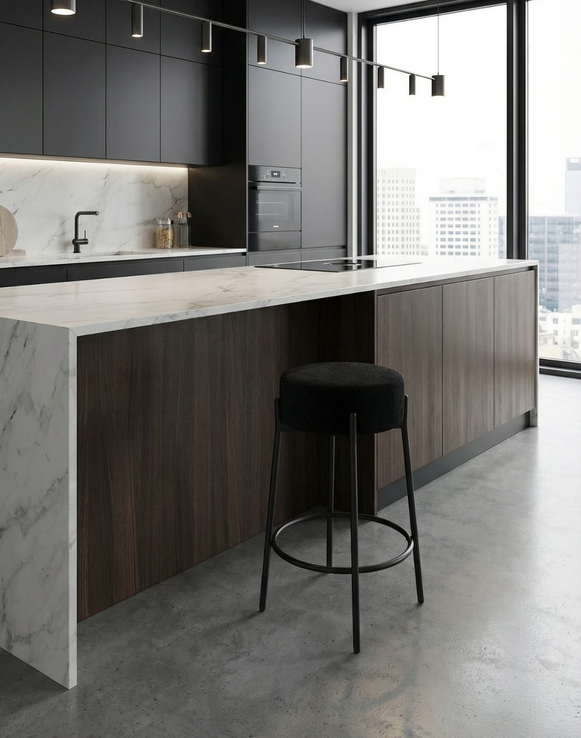 okrągły hoker do kuchni z podnóżkiem holly, tapicerowany, czarny