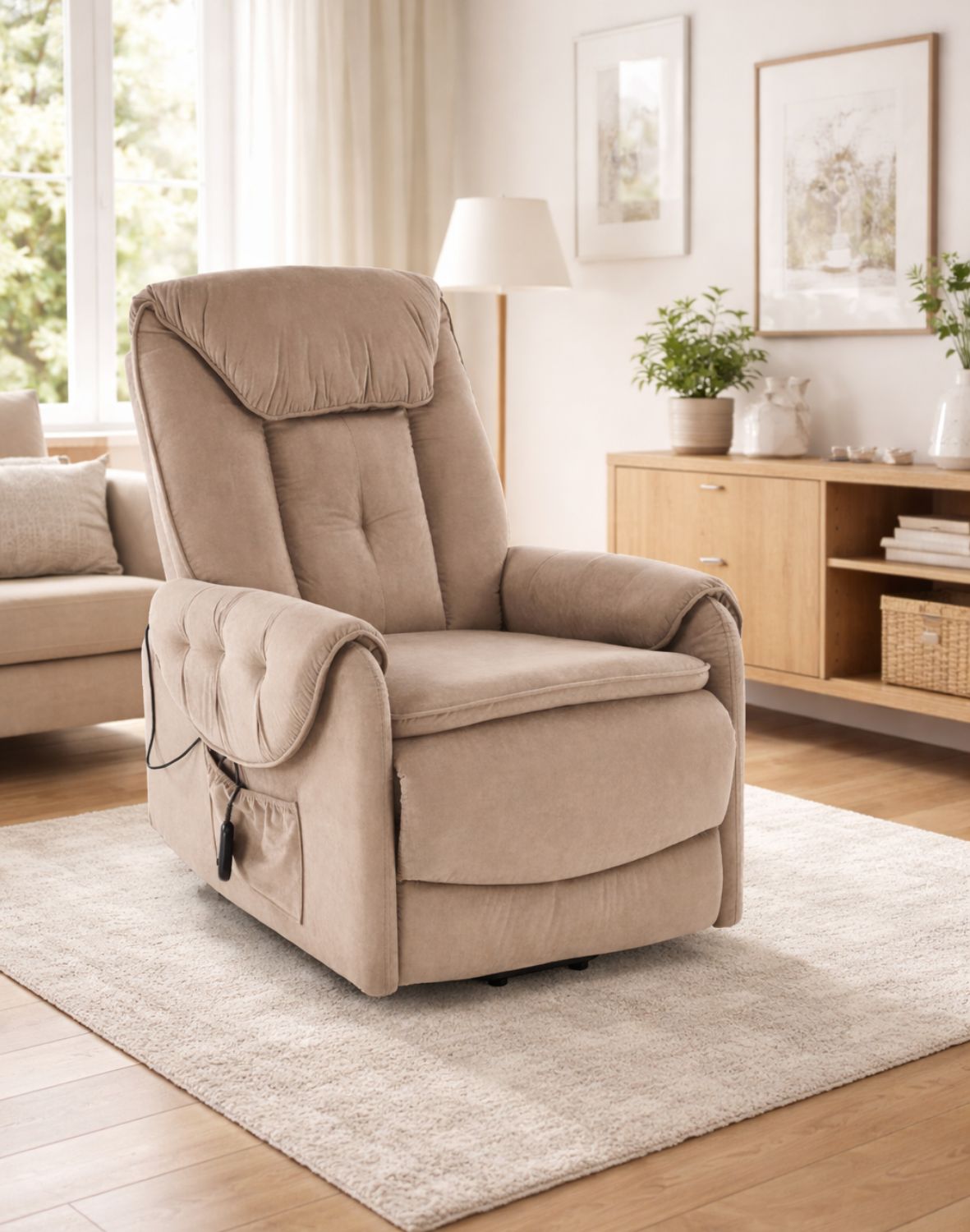 fotel horton z funkcją elektrycznego rozkładania i pionizacji, beżowy welwet