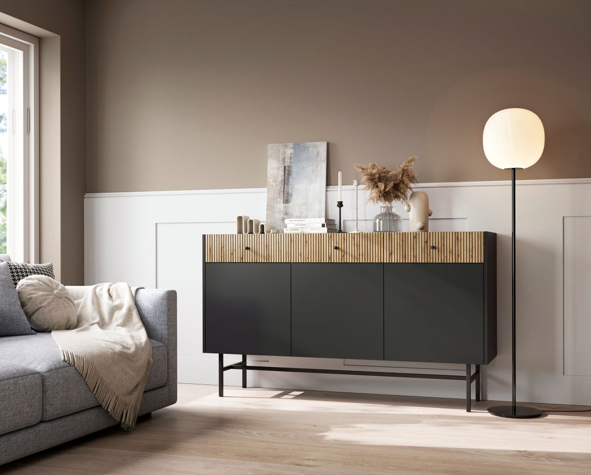 Komoda czarny mat, lamele Diva z 3 szufladami i 3 szafkami (3D3SZ) 155 cm