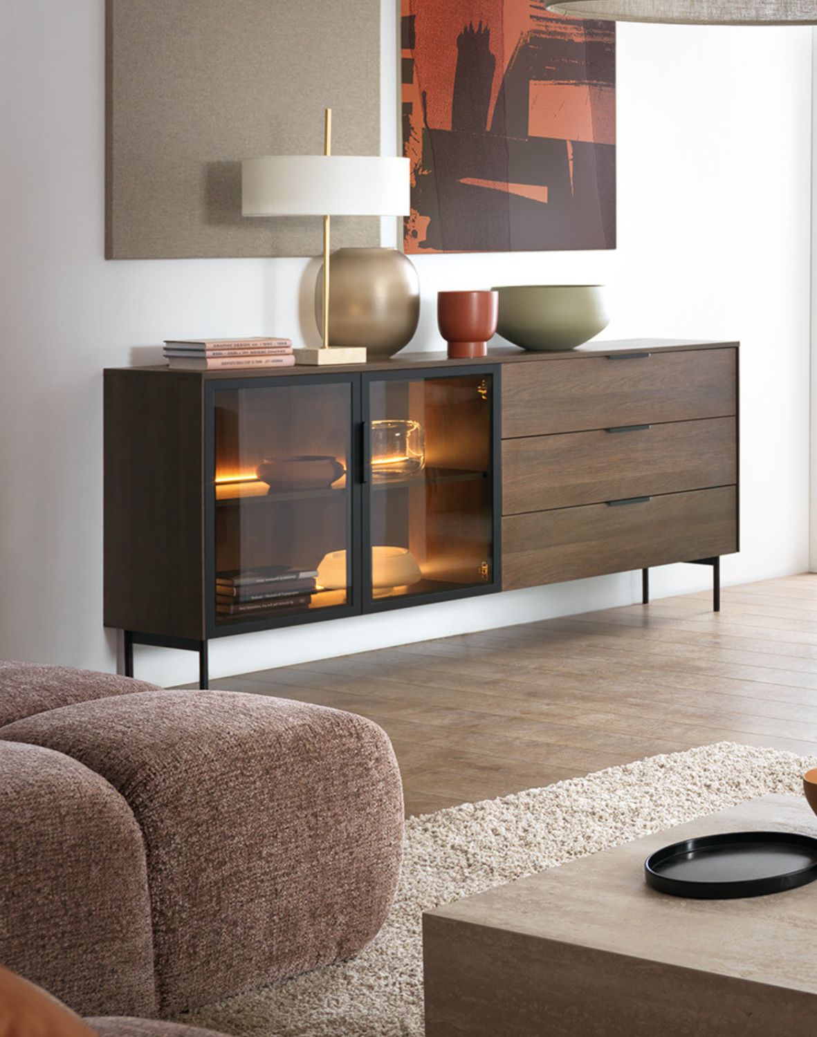 komoda z szufladą i witryną lumi c