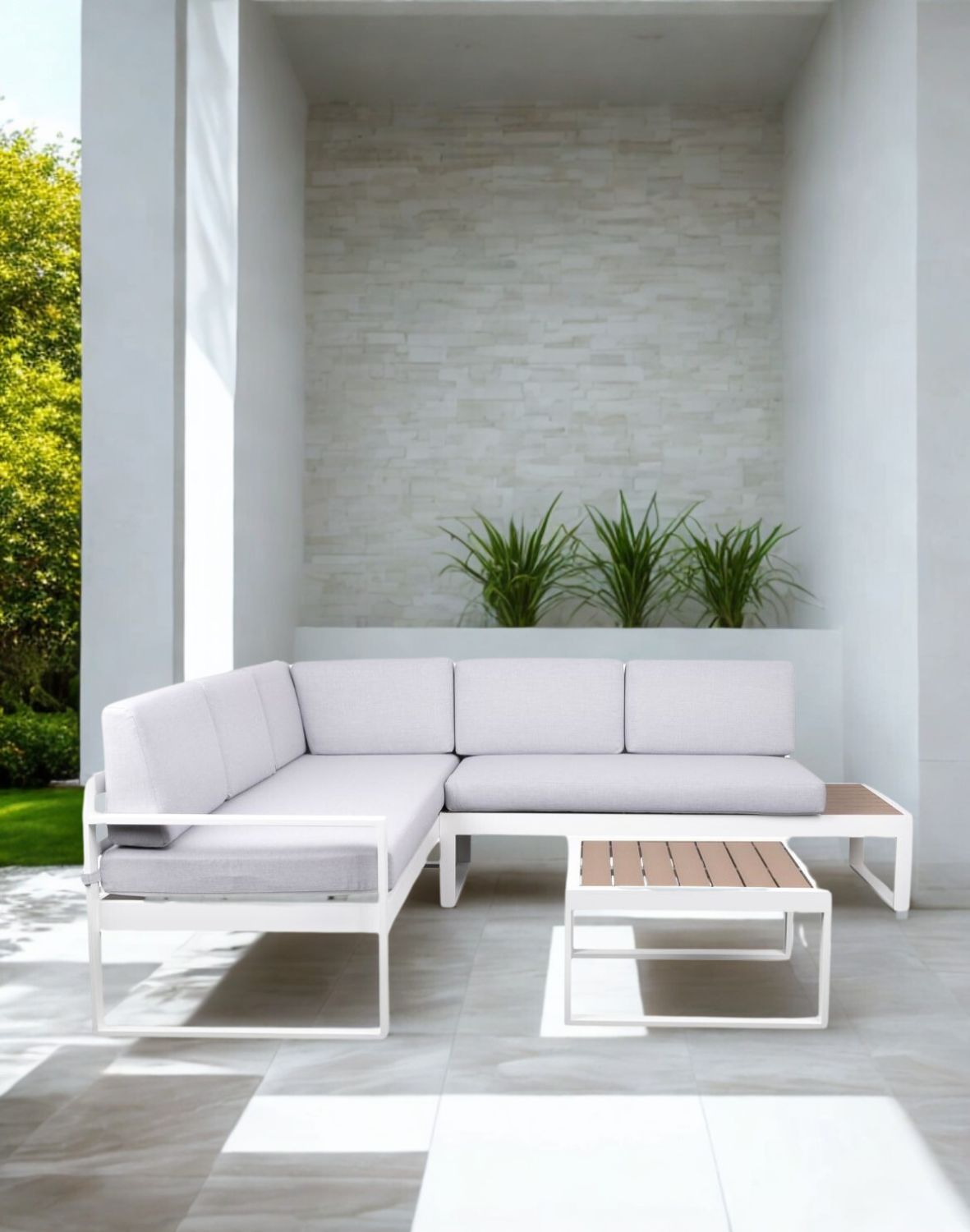 narożnik ogrodowy loreto white 5-osobowy ze stolikiem – aluminium, biały