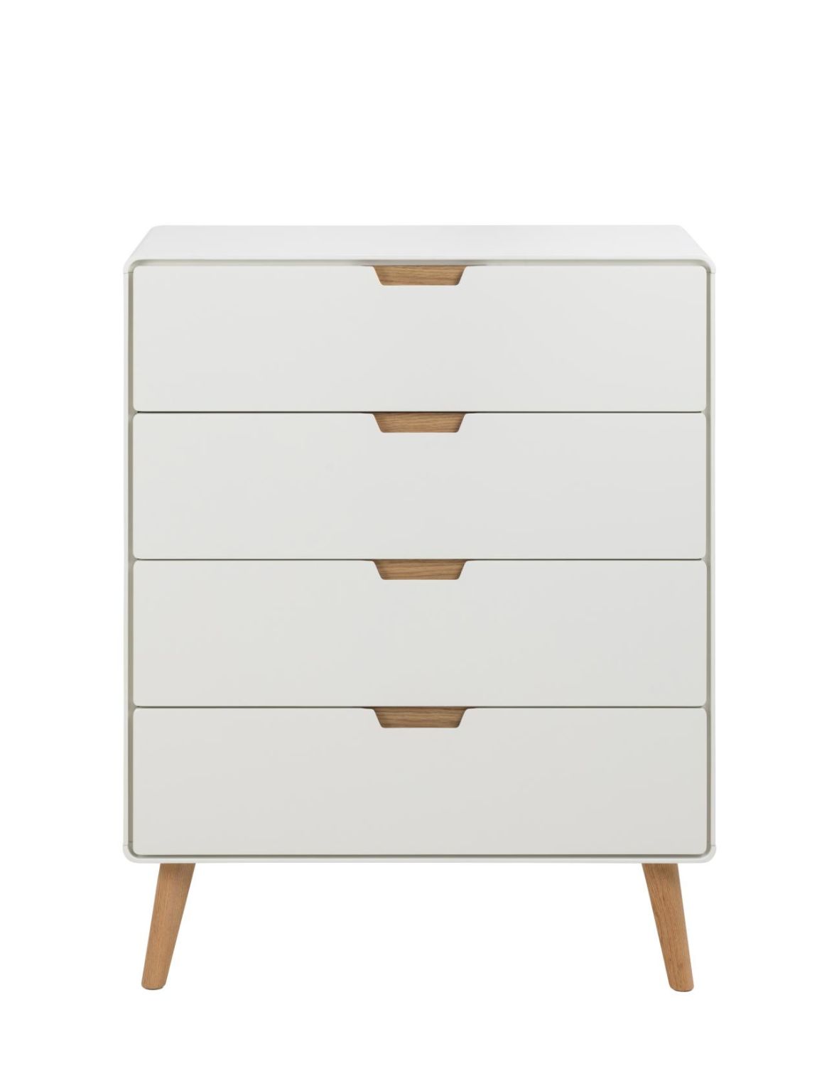 biała komoda lowell z 4 szufladami i dębowymi nogami (05743)