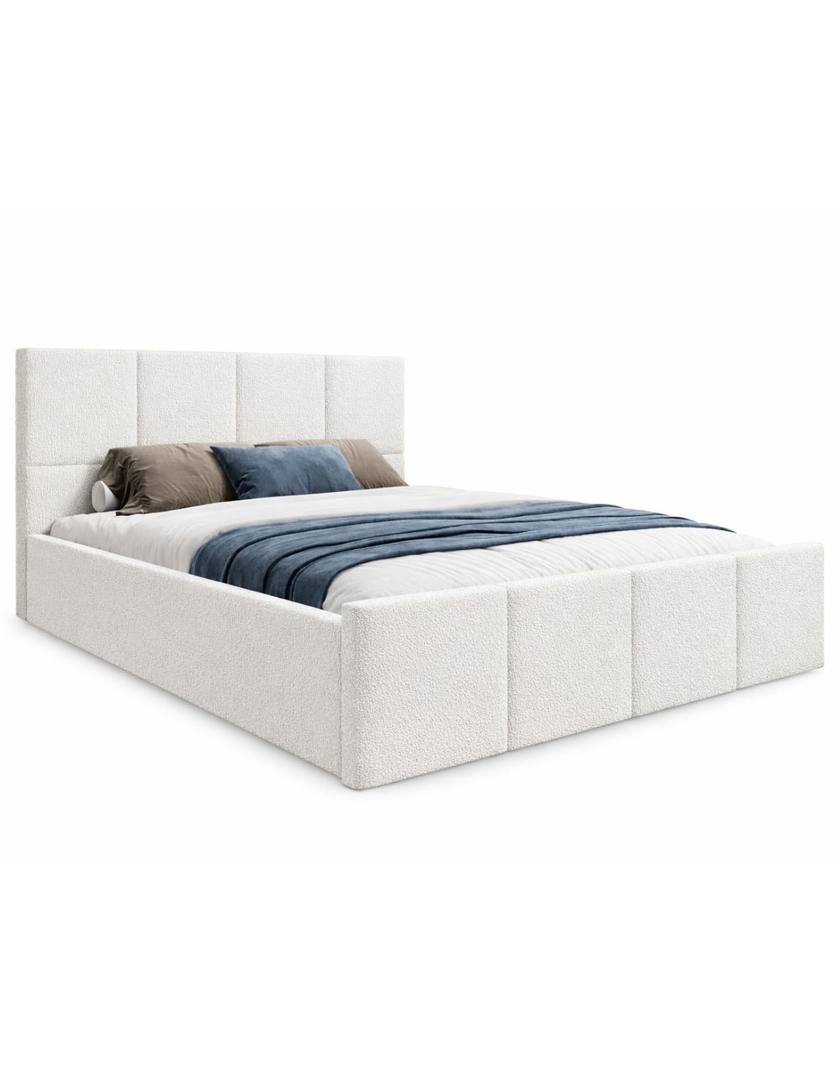 białe łóżko siena slim w tkaninie boucle abriamo