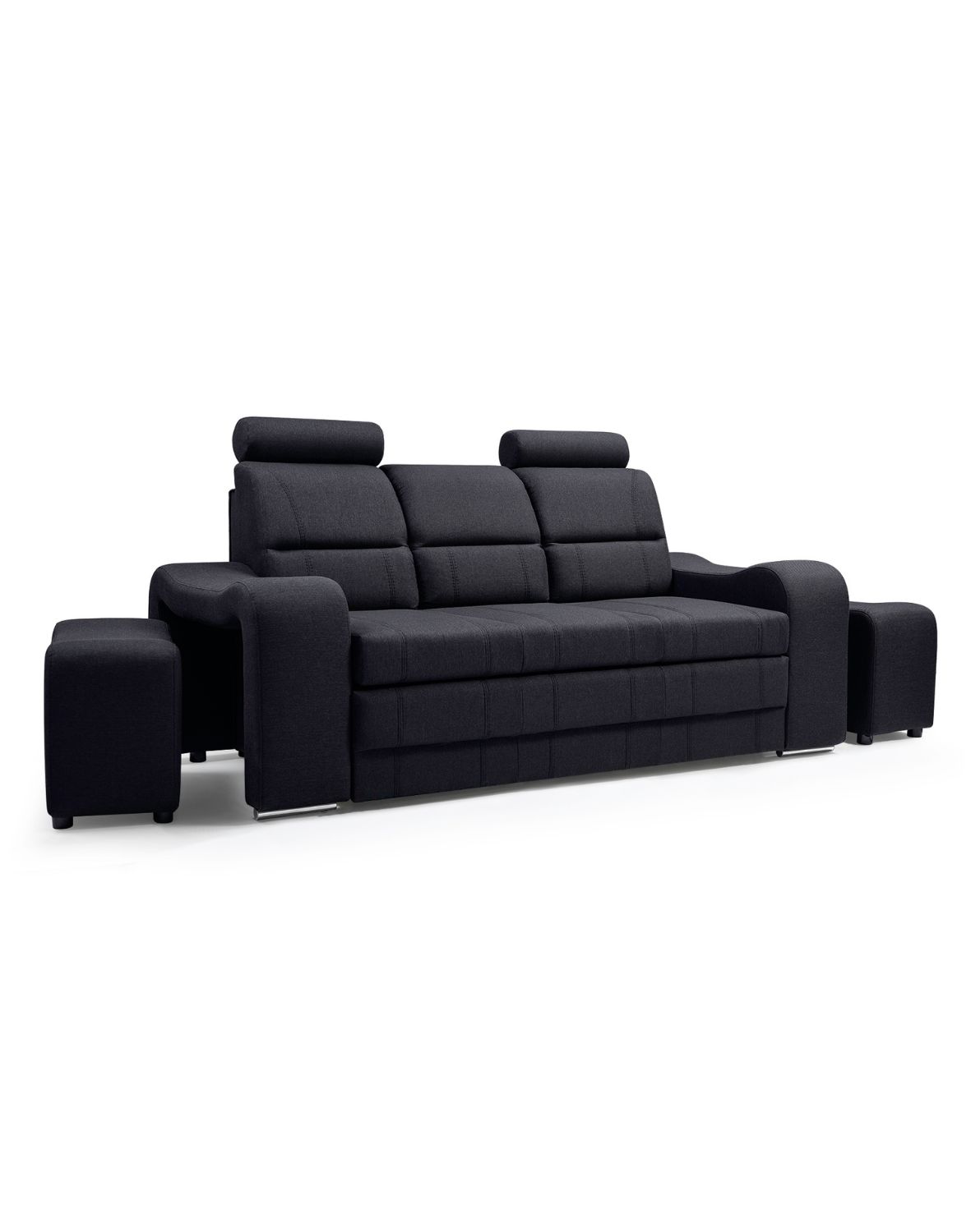 mała kanapa rozkładana z zagłówkami i pufami wenus