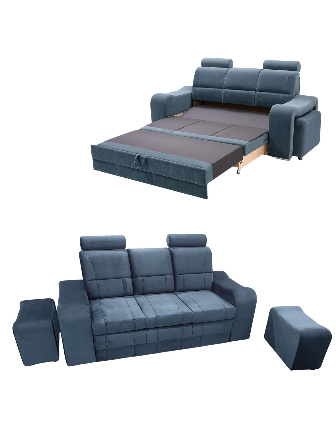 mała kanapa rozkładana z zagłówkami i pufami wenus