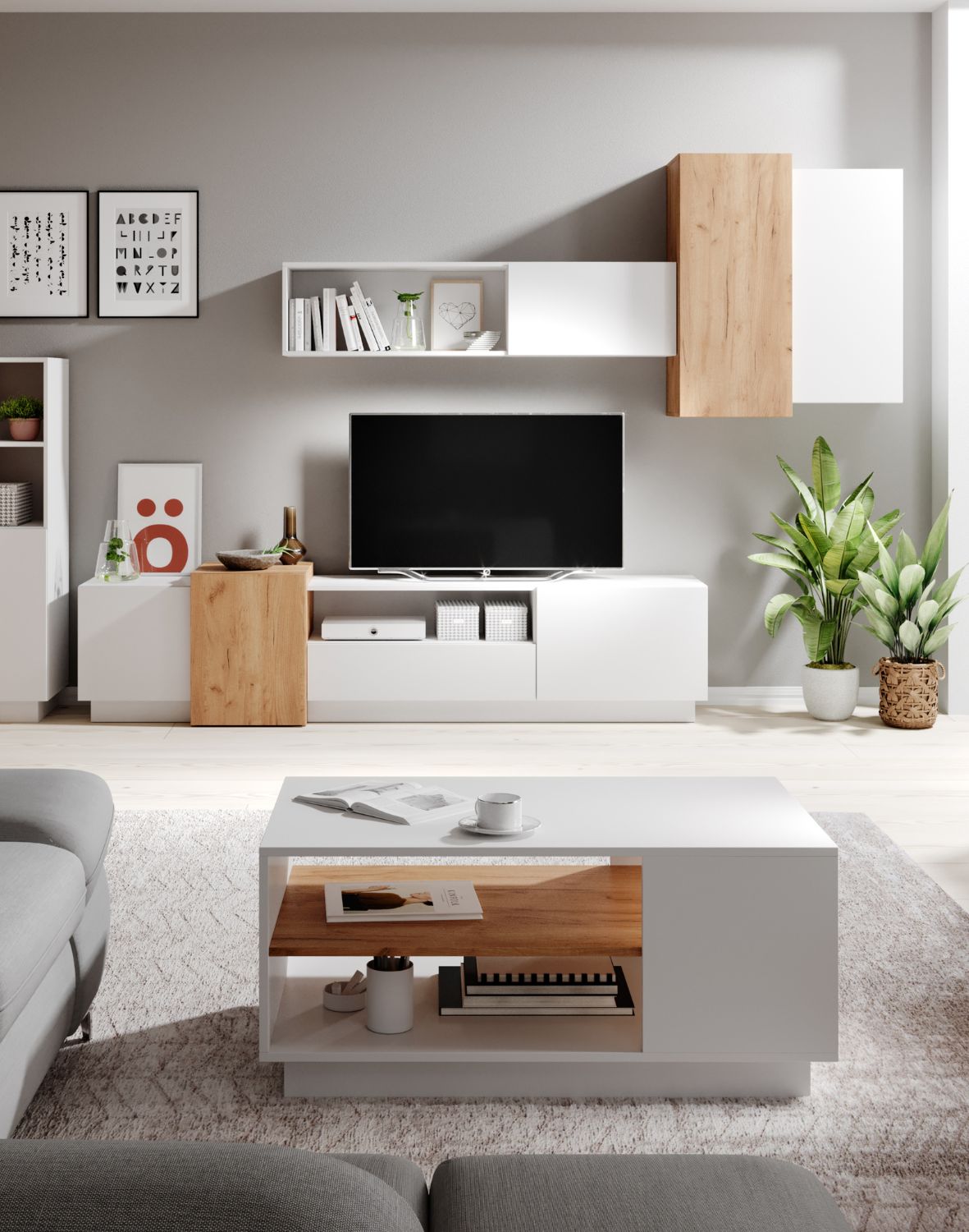 nowoczesna meblościanka do salonu 3d biała dąb craft