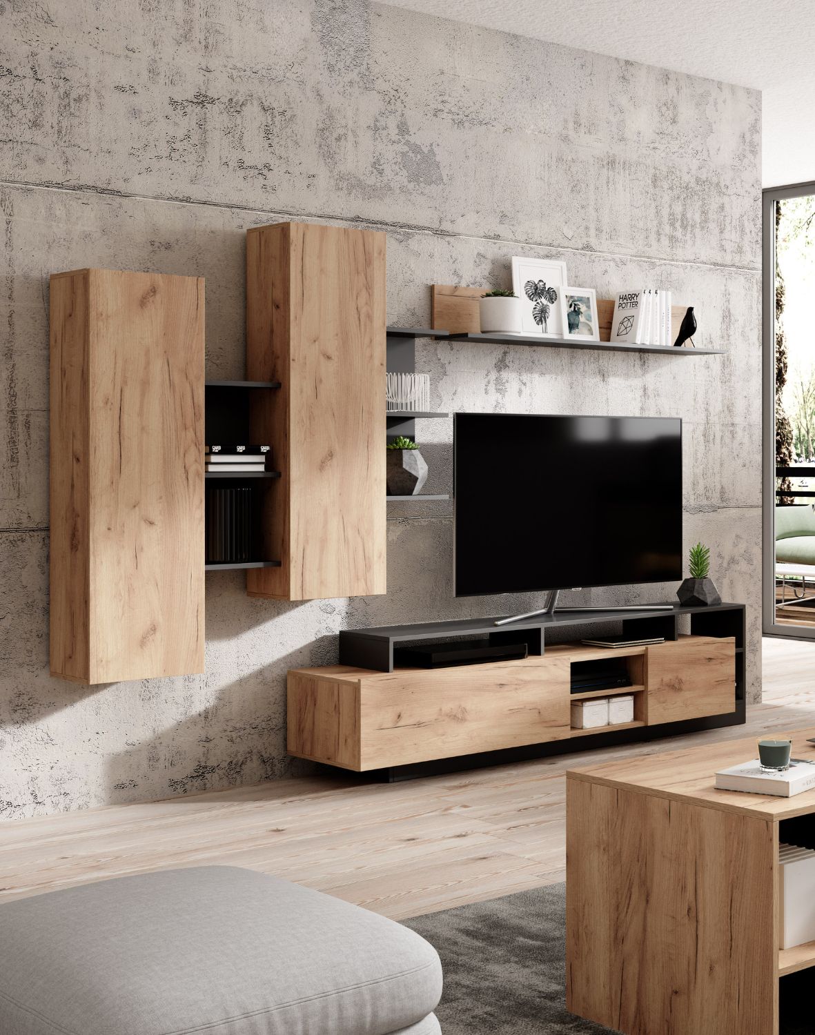 meblościanka do salonu alba dąb craft i antracyt