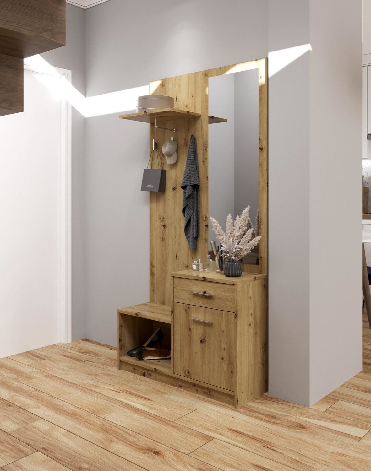 przedpokój pergo, zestaw z lustrem i szafką na buty, dąb artisan