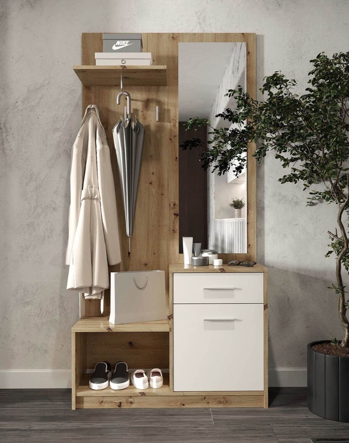 przedpokój pergo z lustrem i szafką na buty, dąb artisan/kaszmir