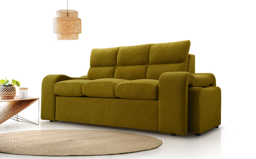 trzyosobowa rozkładana kanapa wela z pufami