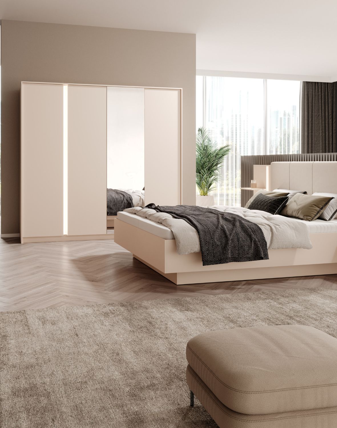 beżowa szafa do sypialni z lustrem i led dast i