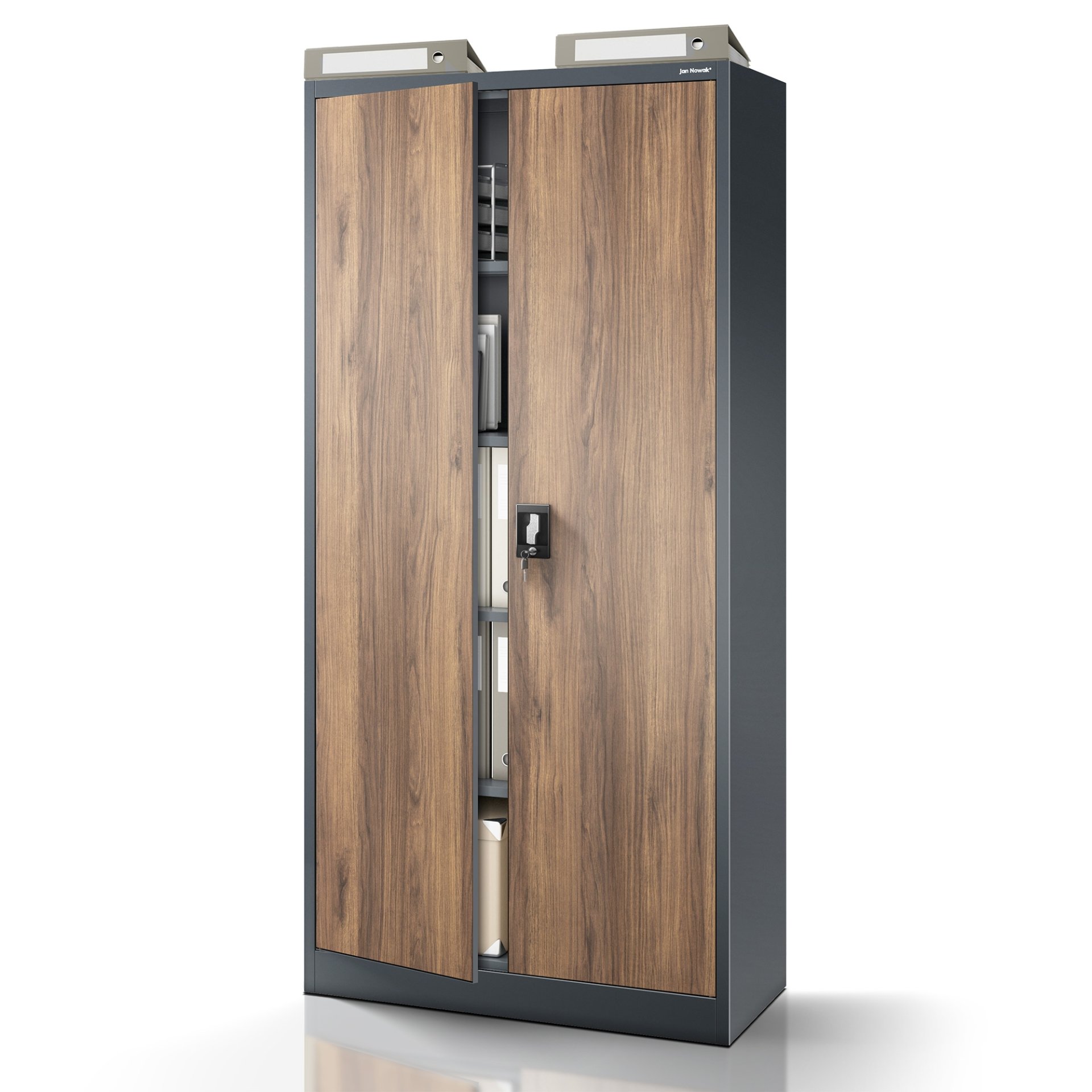 Szafa biurowa metalowa wysoka na dokumenty antracytowa/orzech, 900x1950x400 mm: JAN H Eco Design 1