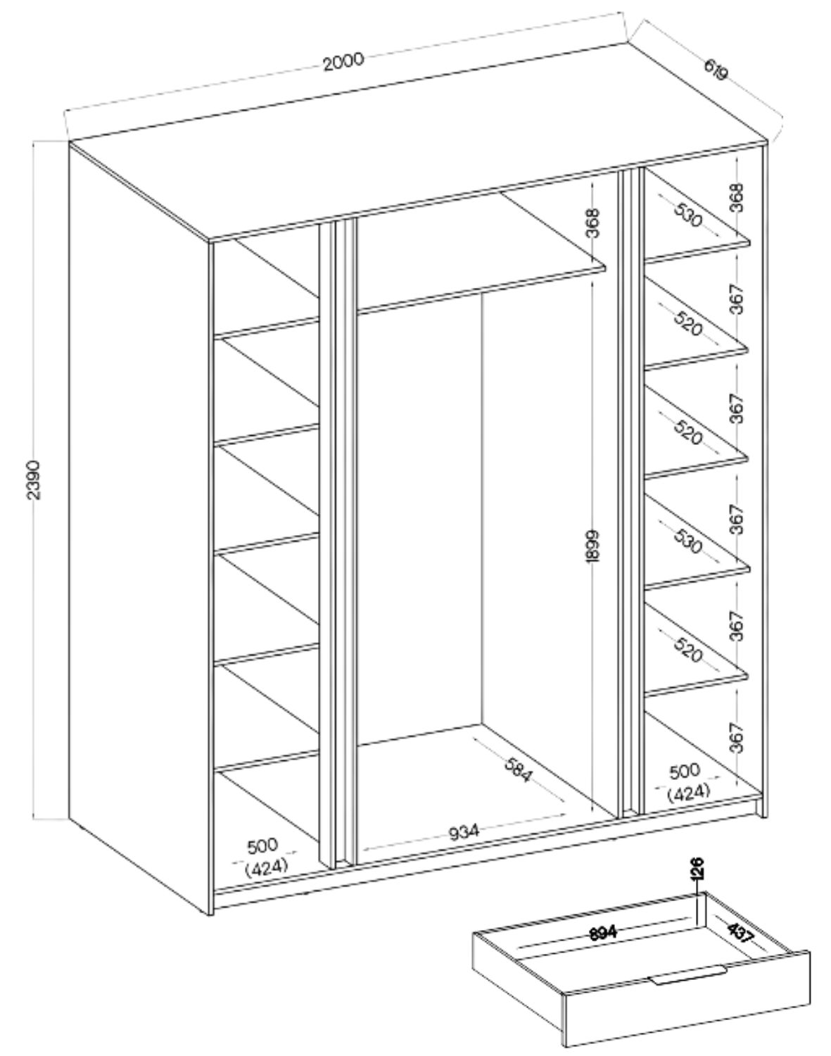 Szafa 4-drzwiowa z lustrami i szufladami Kaja dąb Evoke (EV/EV 2F 2 lustro 3S)