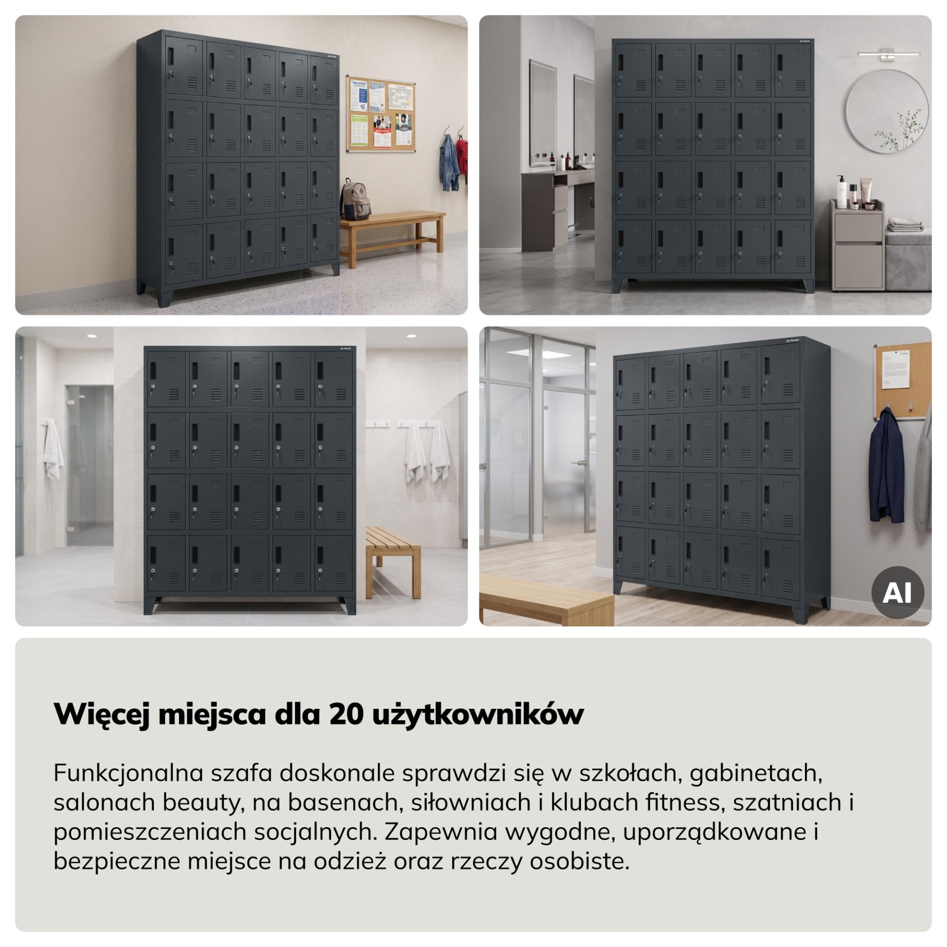 Szafa skrytkowa socjalna 20-skrytkowa na nóżkach antracytowa, 1360x1720x450 mm: ROBERT 9