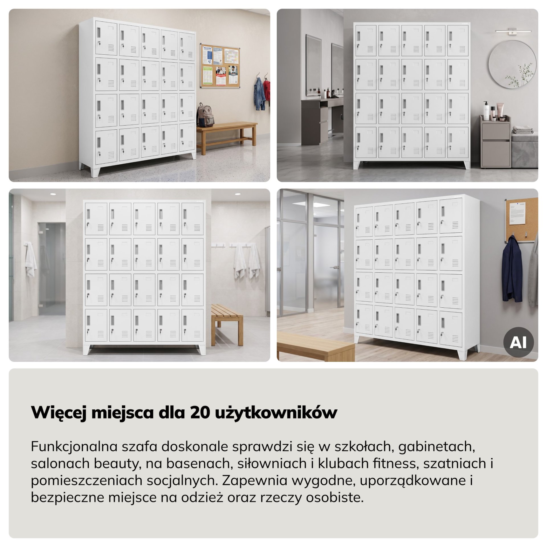 Szafa skrytkowa socjalna 20-skrytkowa na nóżkach biała, 1360x1720x450 mm: ROBERT 9