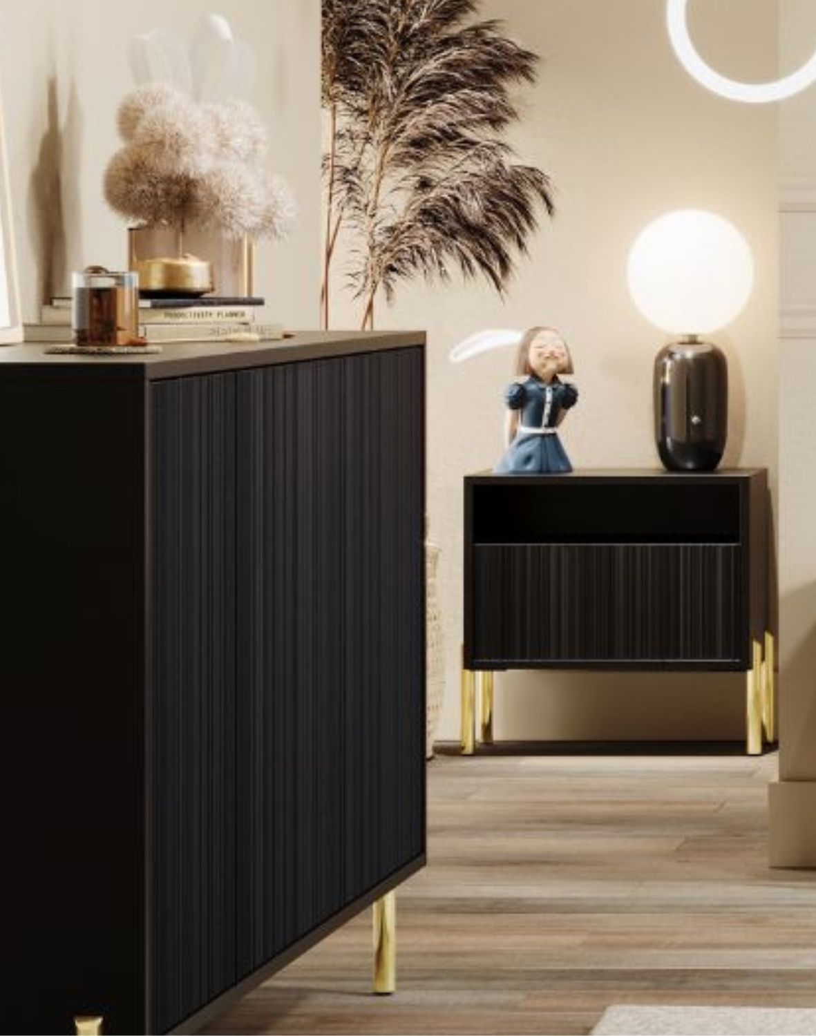 Stolik nocny Oslo czarny 50 cm – ryflowany front, złote nóżki, nowoczesny