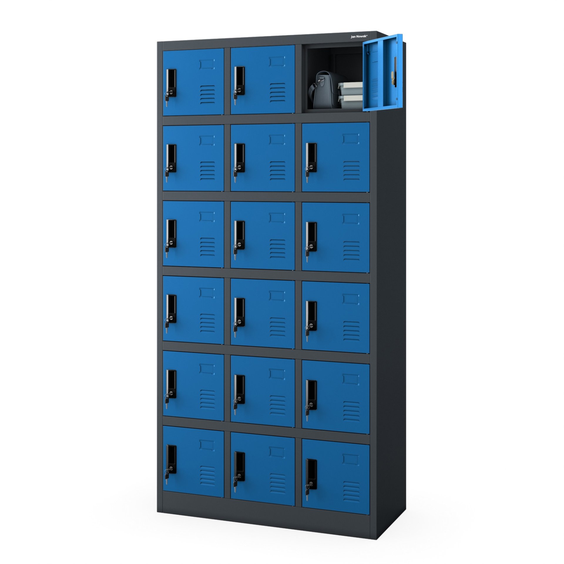 Szafka pracownicza skrytkowa 18-skrytkowa antracytowo-niebieska, 900x1850x400 mm: KAROL 2