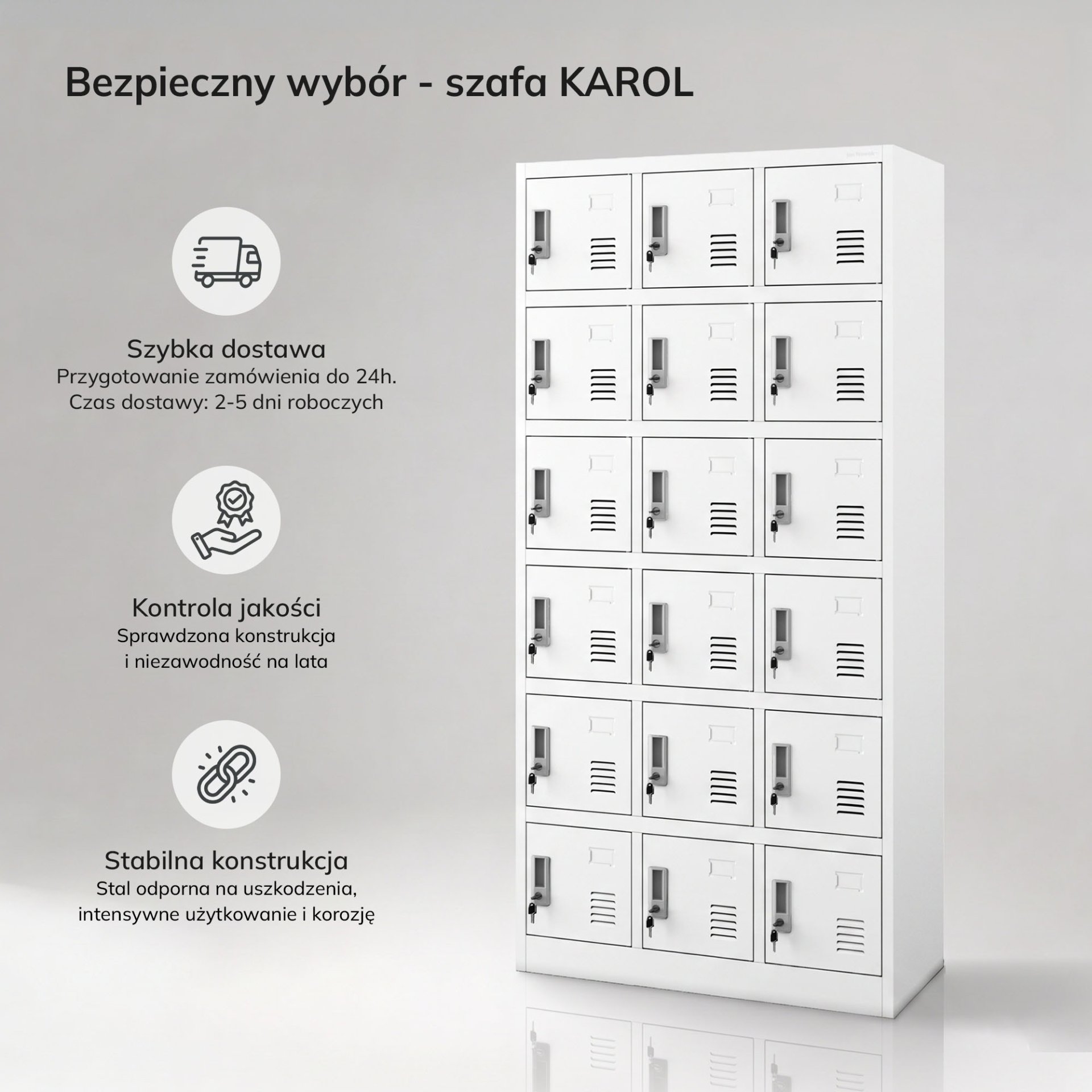 Szafka pracownicza skrytkowa 18-skrytkowa biała, 900x1850x400 mm: KAROL 8