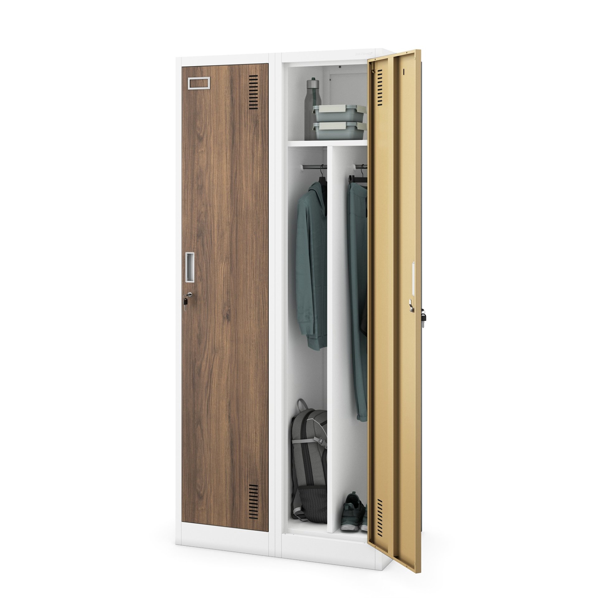 Szafka ubraniowa pracownicza czterokomorowa biała/orzech, 800x1800x500 mm: KACPER Eco Design 1