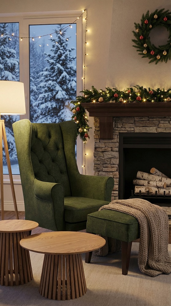 fotel uszak w salonie przy kominku