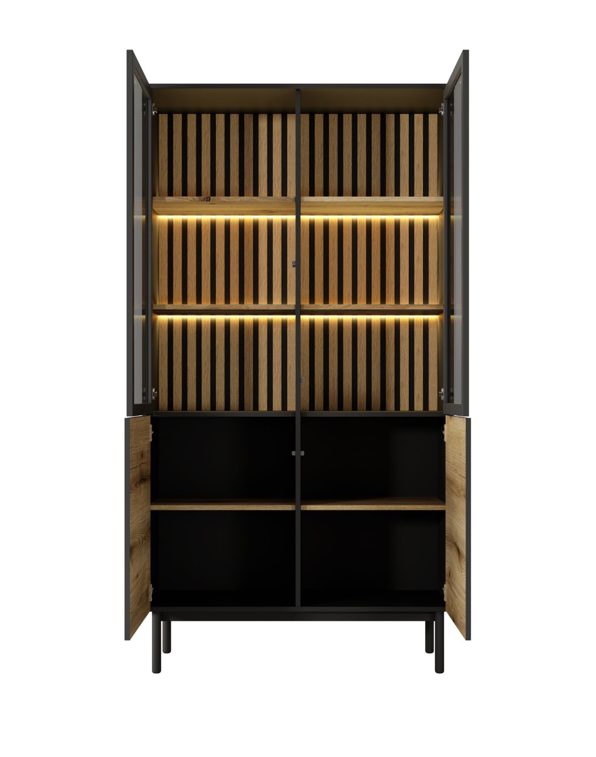 wysoka witryna do salonu z oświetleniem led lang a