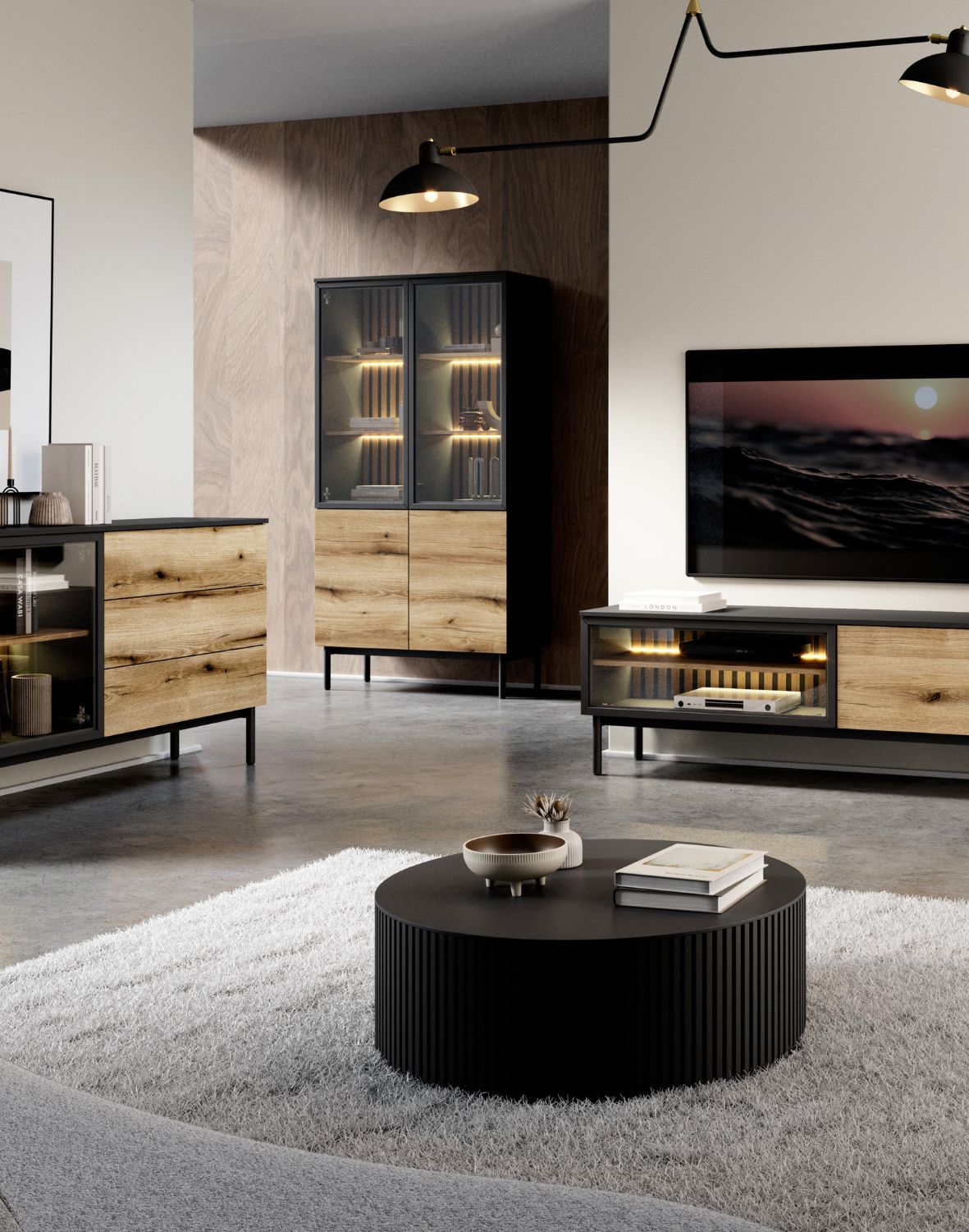 wysoka witryna do salonu z oświetleniem led lang a