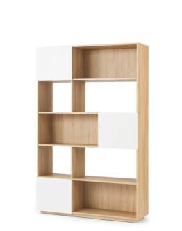 Knižnica Nevada, prírodný dub s bielymi dvierkami, 110 cm (BS02)
